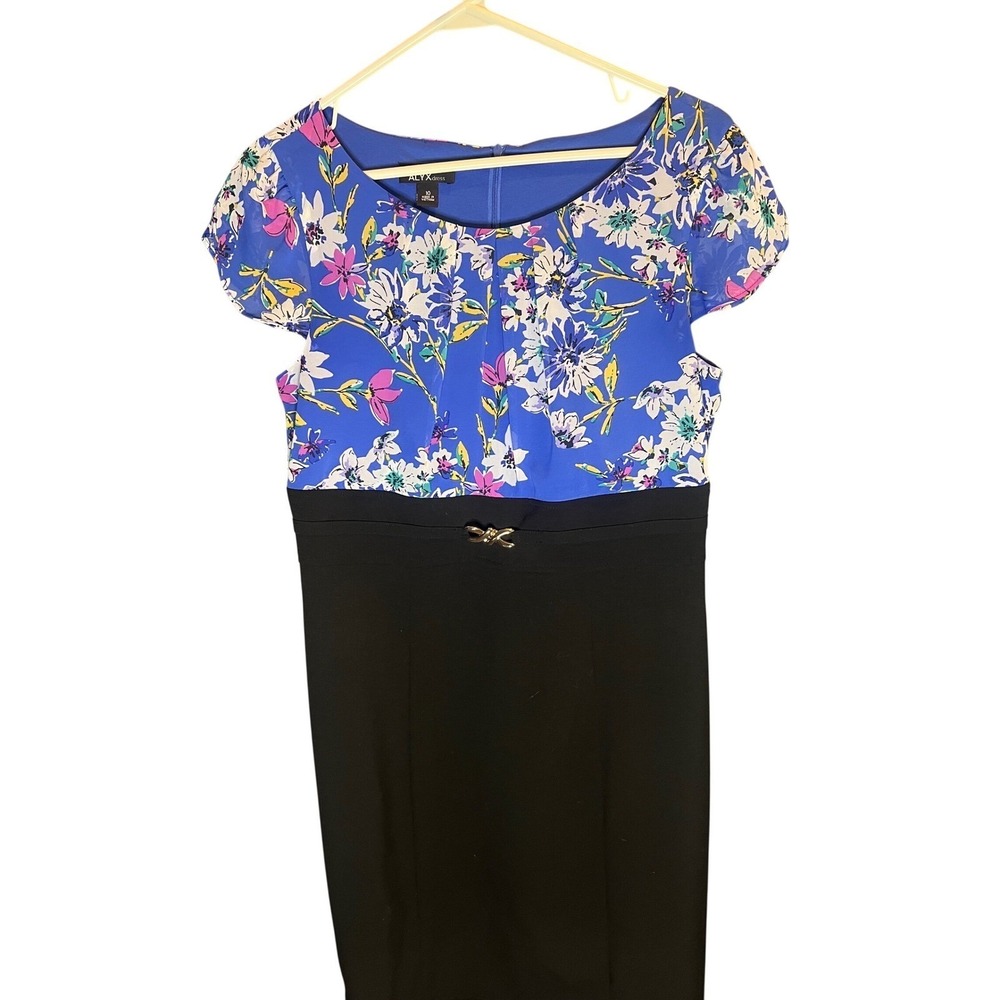 ALYX Womens Floral Colorblock Sheath Dress Blue Black Cap Sleeve Size 10 0369667
